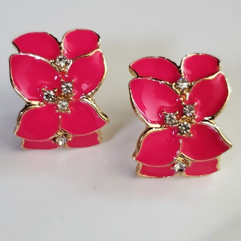 Hot Pink Enamel Flower Clip On Earrings Gold Tone Rhinestone Floral Statement